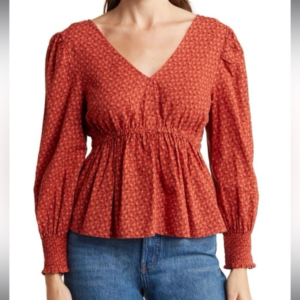 Madewell Tie-Back Peplum Top in Campden Daisies Orange 100% Cotton Size XS